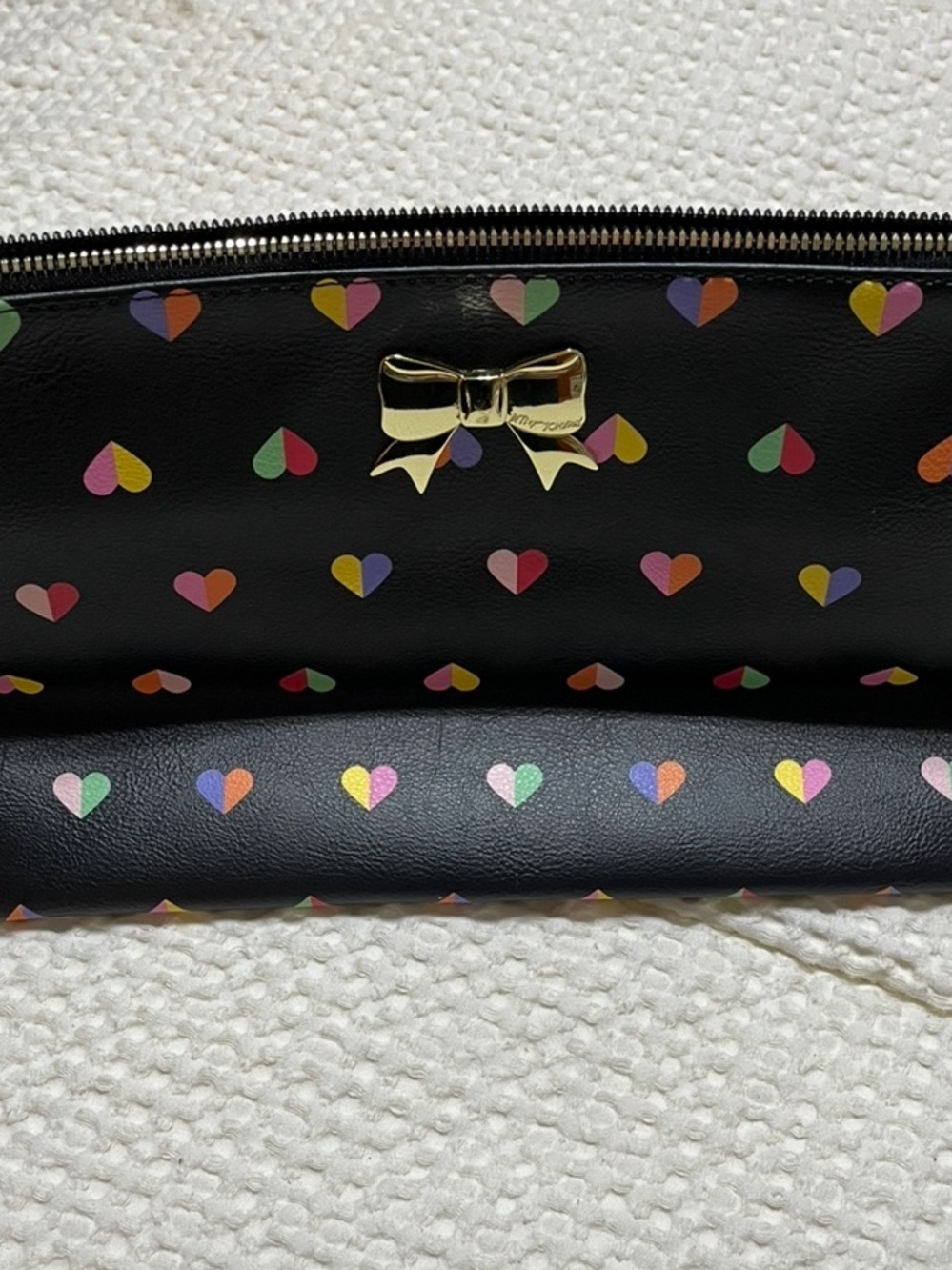 Betsey Johnson Black Multicolor Heart Bow Zip bag
